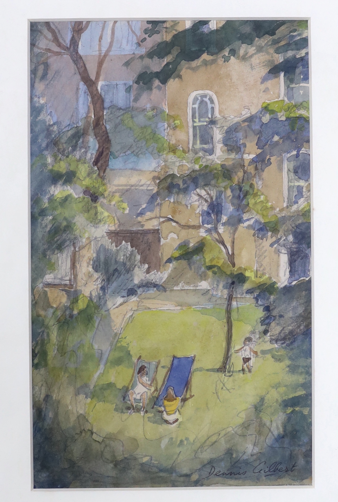 Dennis Gilbert NEAC (b.1922), watercolour, 'Back Garden in Chelsea', signed, The Mall Gallery label verso, 26 x 16cm